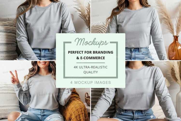 Long sleeve t-shirt mockup - light gray, crew neck, casual s