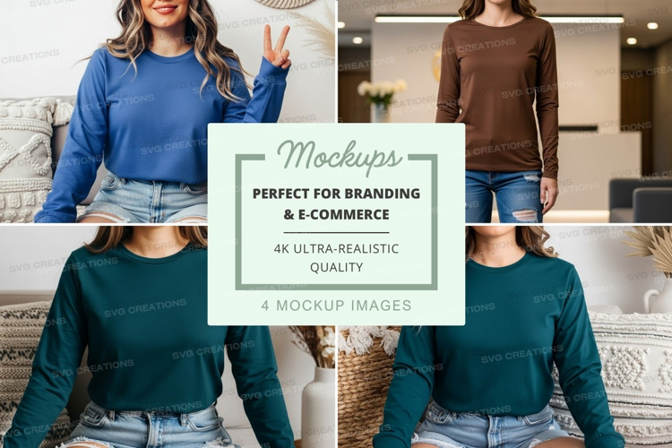 Long sleeve t-shirt mockup in blue, brown, and green