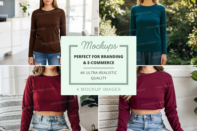 Long sleeve t-shirt mockup in brown, teal, and burgundy