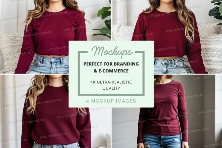 Long sleeve t-shirt mockup in burgundy