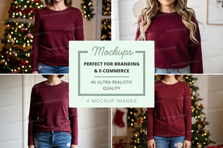 Long sleeve t-shirt mockup in burgundy