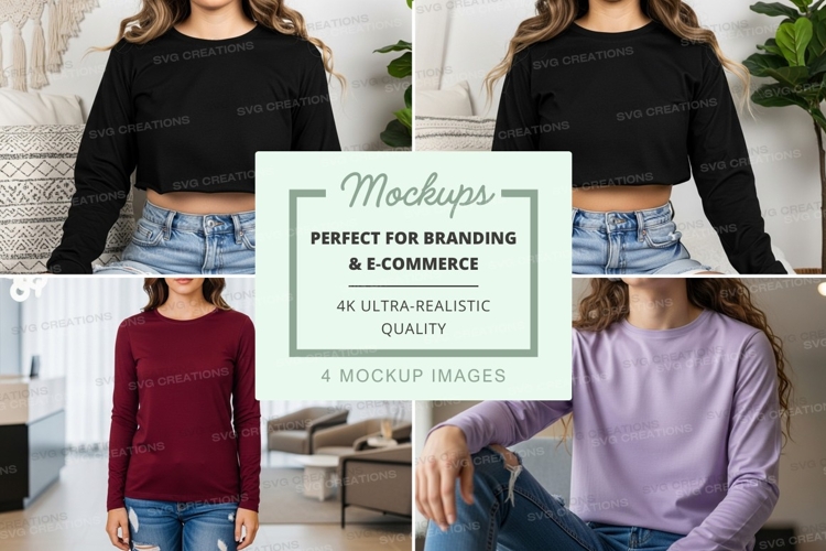 Long sleeve crop t-shirt mockup in black, maroon, and lavend