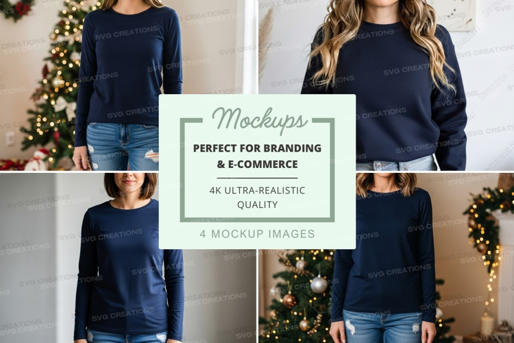 Long sleeve crew neck t-shirt mockup in navy blue