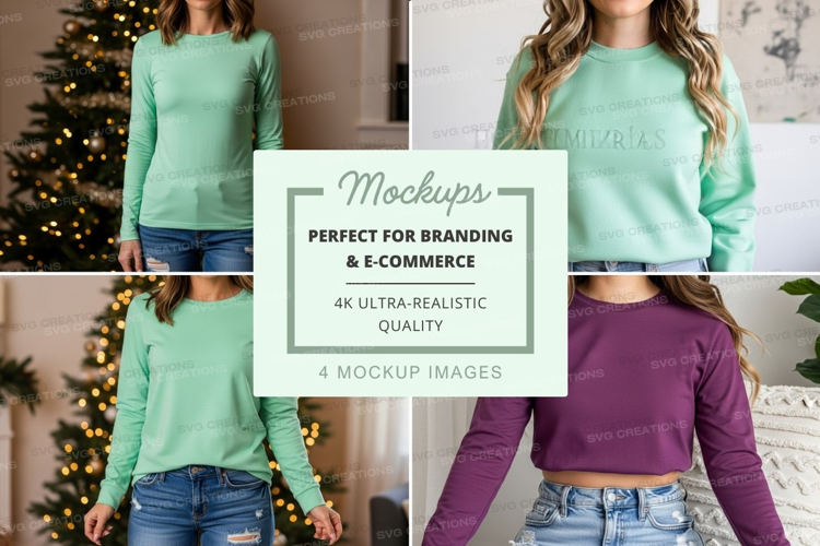 Long sleeve t-shirt mockup in mint green and purple