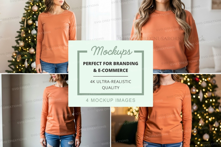 Long sleeve t-shirt mockup in orange with christmas theme