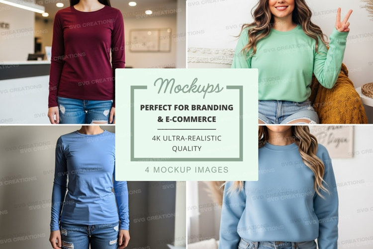Women's long sleeve t-shirt mockup in multiple colors
