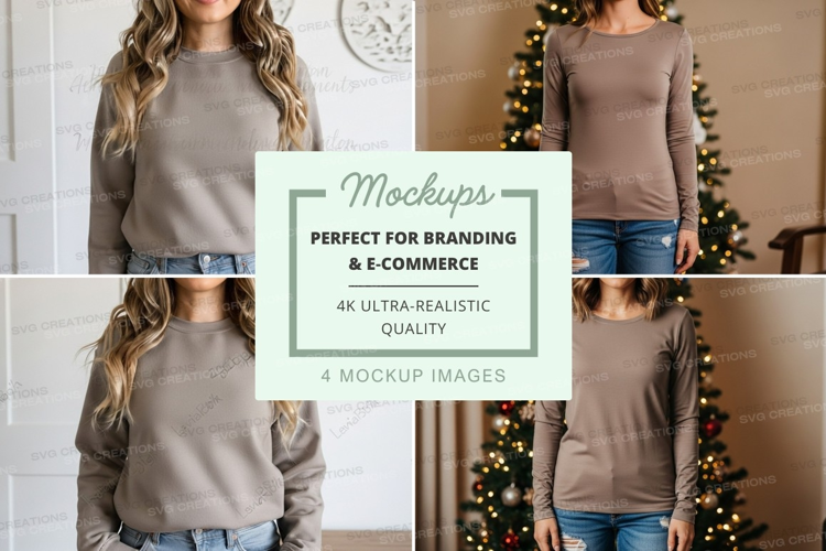 Long sleeve t-shirt mockup - light brown, front and back vie