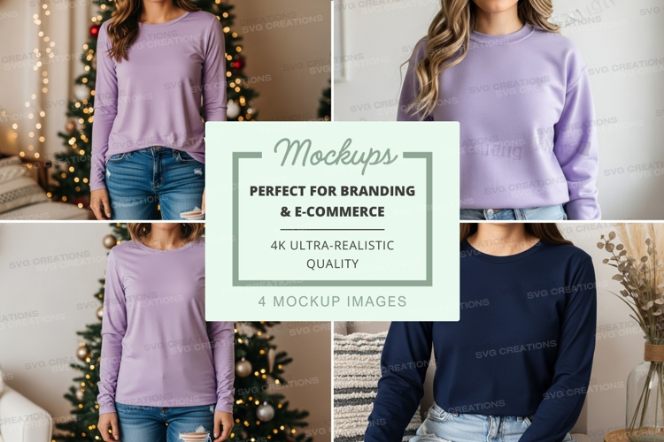 Long sleeve t-shirt mockup in purple and navy blue