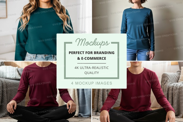 Long sleeve t-shirt mockup in blue and burgundy
