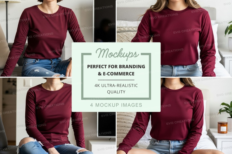 Long sleeve t-shirt mockup in burgundy