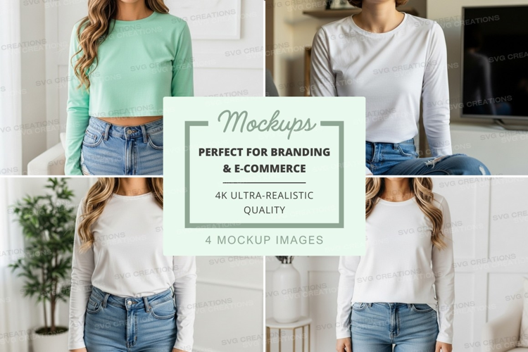 T-shirt mockup with models wearing long sleeve crew neck t-s