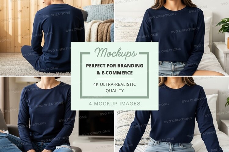Long sleeve t-shirt mockup - navy blue, crew neck, casual st example image 1