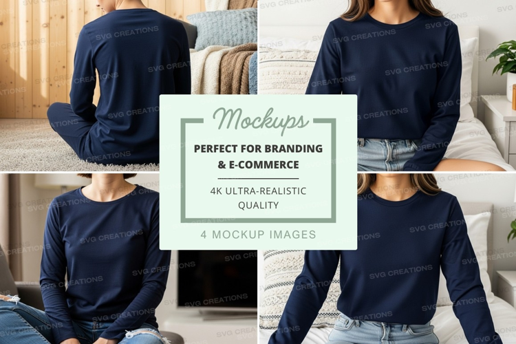 Long sleeve t-shirt mockup - navy blue, crew neck, casual st
