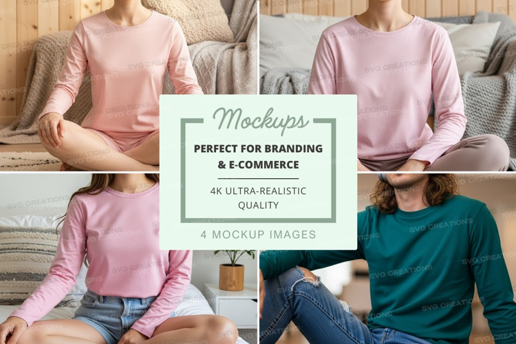 Long sleeve t-shirt mockup with people in living room