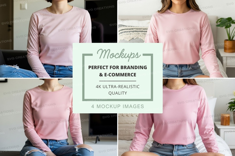 Long sleeve t-shirt mockup - light pink, crew neck, fitted s