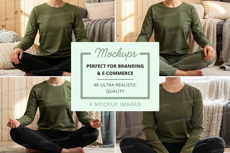 Mockup of green long sleeve t-shirt with yoga pose