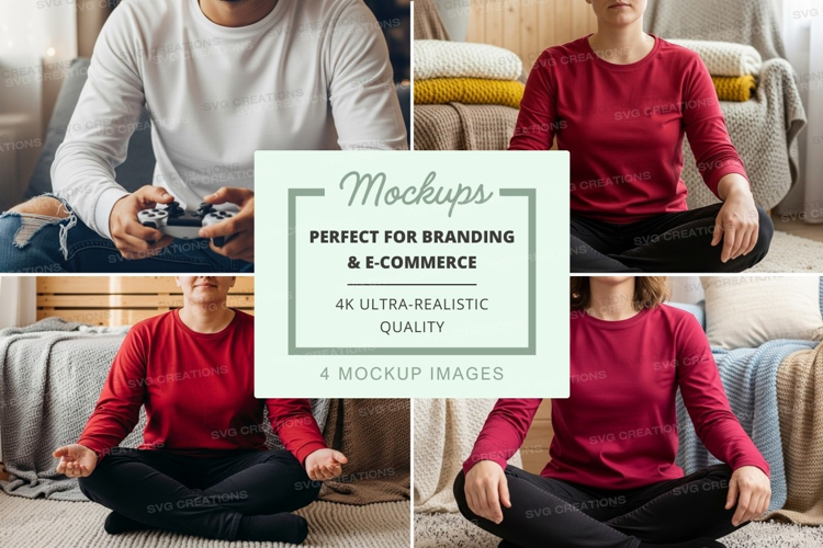 Long sleeve t-shirt mockup with people in living room