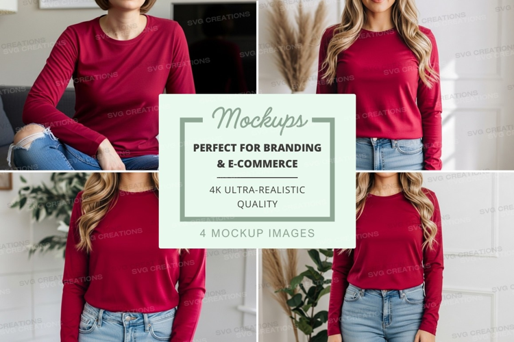 Long sleeve t-shirt mockup in burgundy
