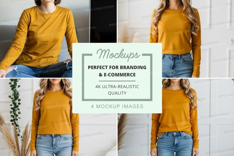 Mustard yellow long sleeve crew neck t-shirt mockup