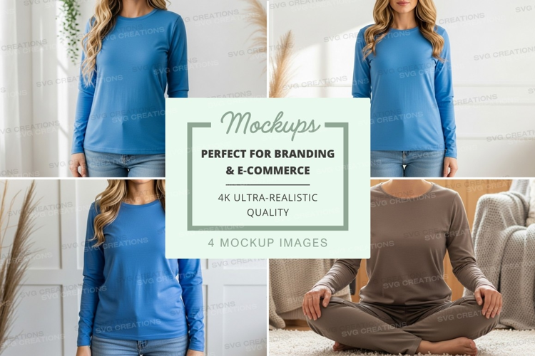 Women's long sleeve t-shirt mockup in blue and brown