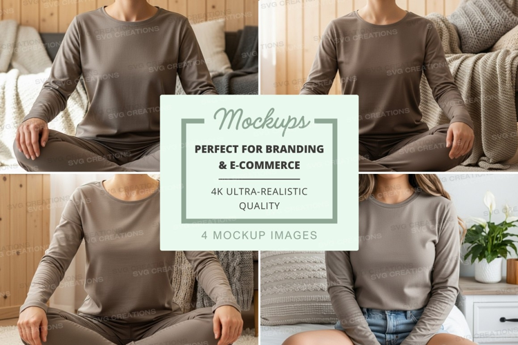 Mockup of long sleeve crew neck t-shirt in beige