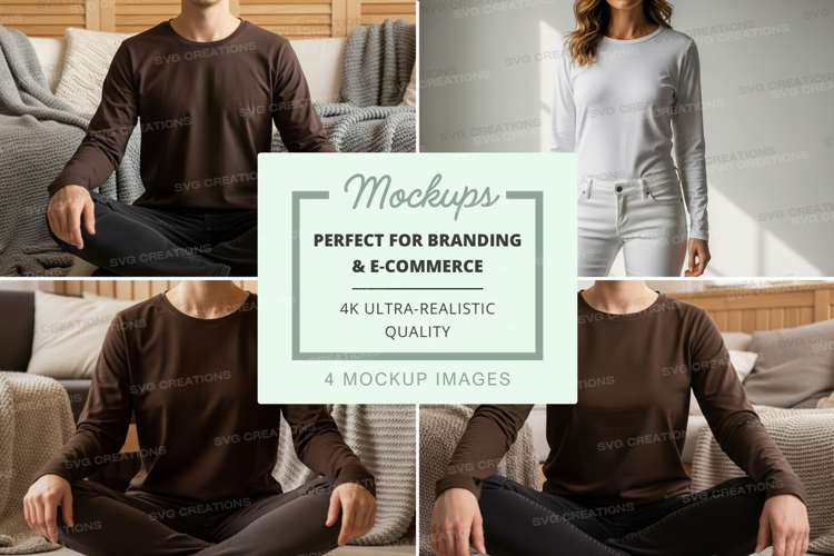 Group mockup of people wearing long sleeve t-shirts in a rel