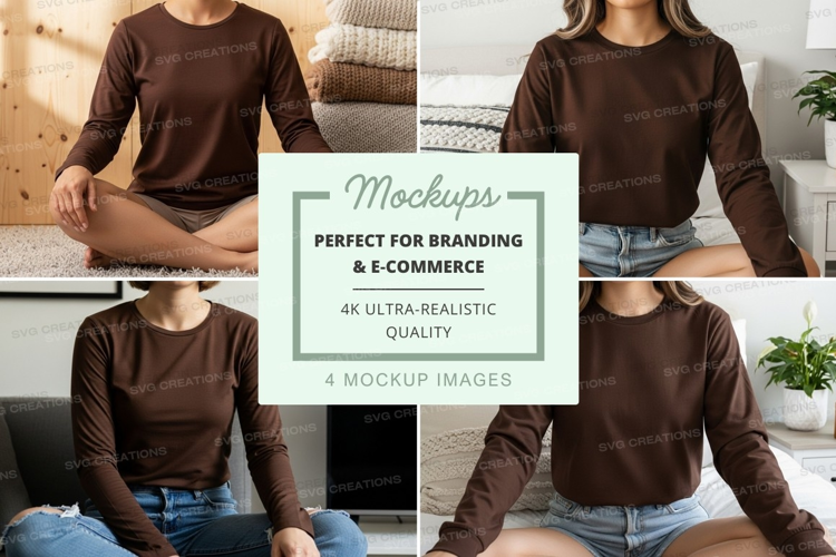 Long sleeve t-shirt mockup - brown, various views