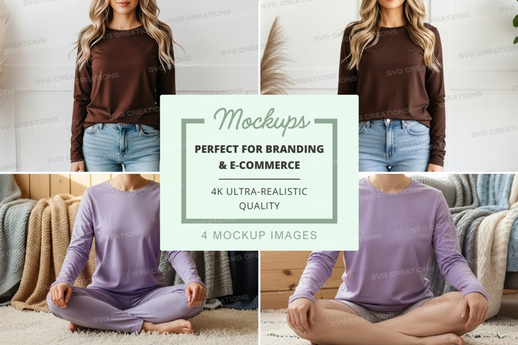Women's long sleeve t-shirt mockup in brown and purple