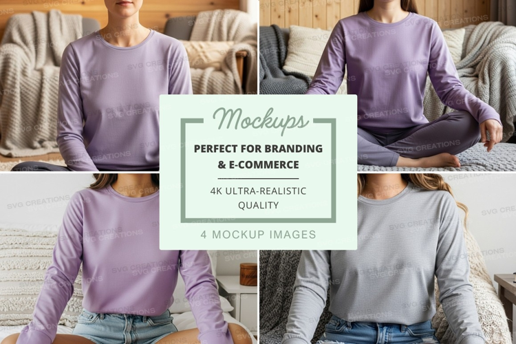 Women's long sleeve t-shirt mockup in purple and gray