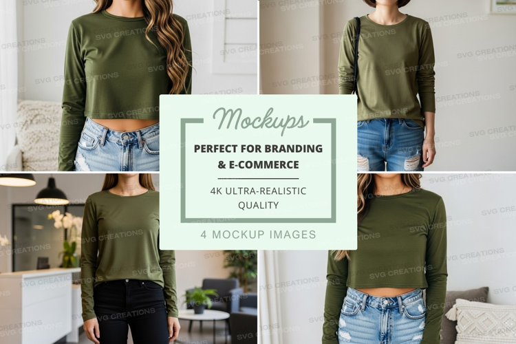 Long sleeve cropped t-shirt mockup in olive green