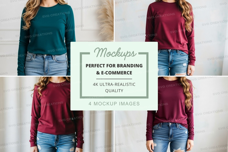 Long sleeve t-shirt mockup in teal and burgundy