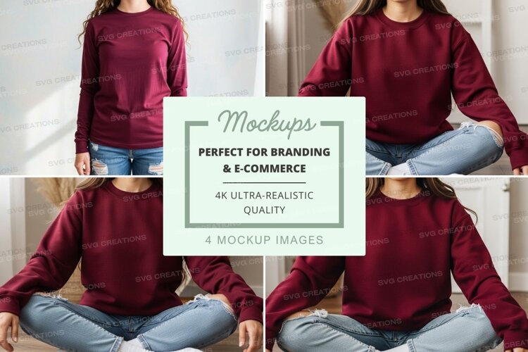 Woman wearing maroon long sleeve t-shirt mockup example image 1