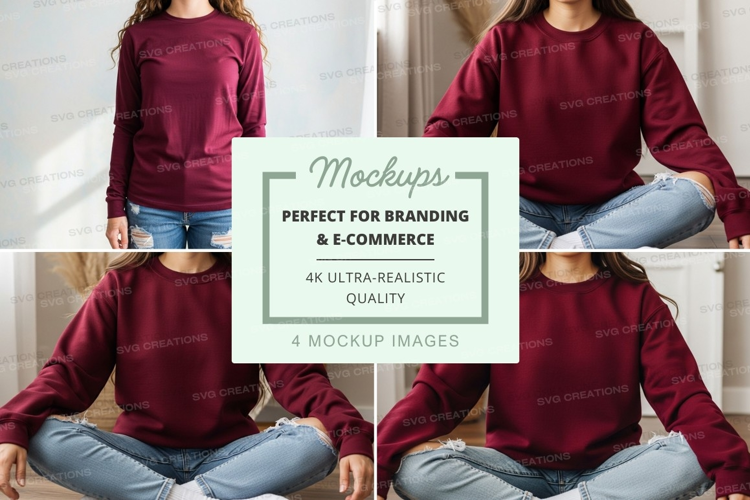 Woman wearing maroon long sleeve t-shirt mockup