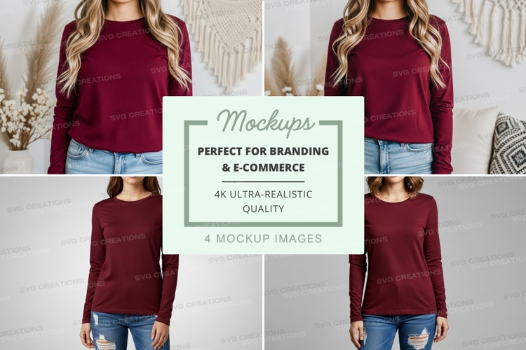 Women's burgundy long-sleeve crew neck t-shirt mockup