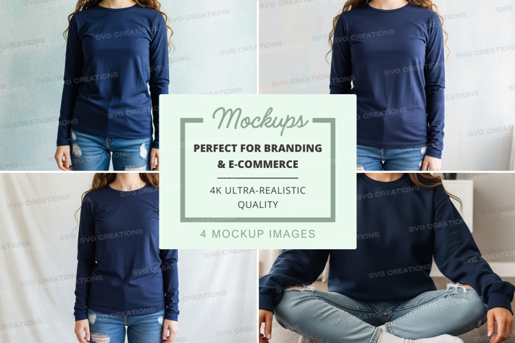 Long sleeve t-shirt mockup - navy blue, crew neck, oversized