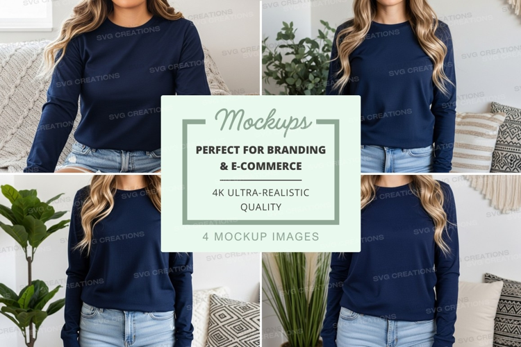 Navy blue long sleeve crew neck t-shirt mockup