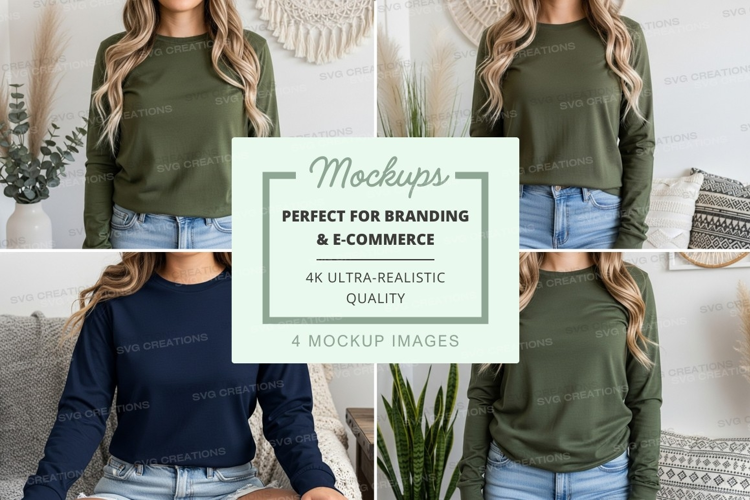 Long sleeve t-shirt mockup in olive green and navy blue