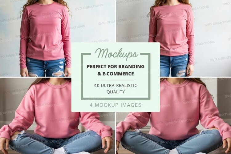 Pink long sleeve t-shirt mockup with model in four poses example image 1