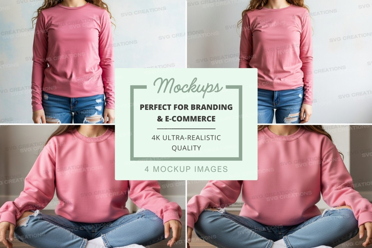 Pink long sleeve t-shirt mockup with model in four poses