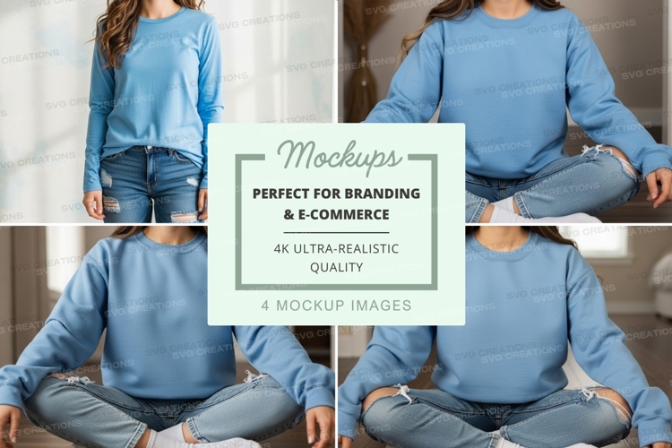Blue long sleeve sweatshirt mockup with model in various pos