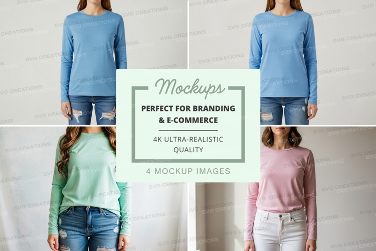 Long sleeve t-shirt mockup in blue, green, and pink