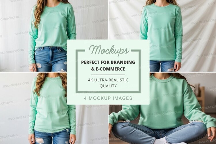 Long sleeve t-shirt mockup in mint green with model example image 1