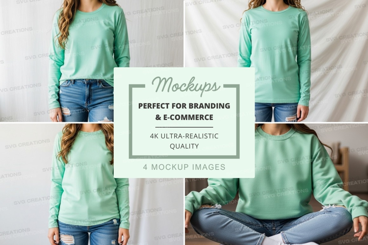 Long sleeve t-shirt mockup in mint green with model