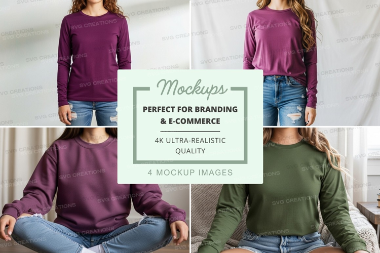 Long sleeve t-shirt mockup - women's crew neck in purple and