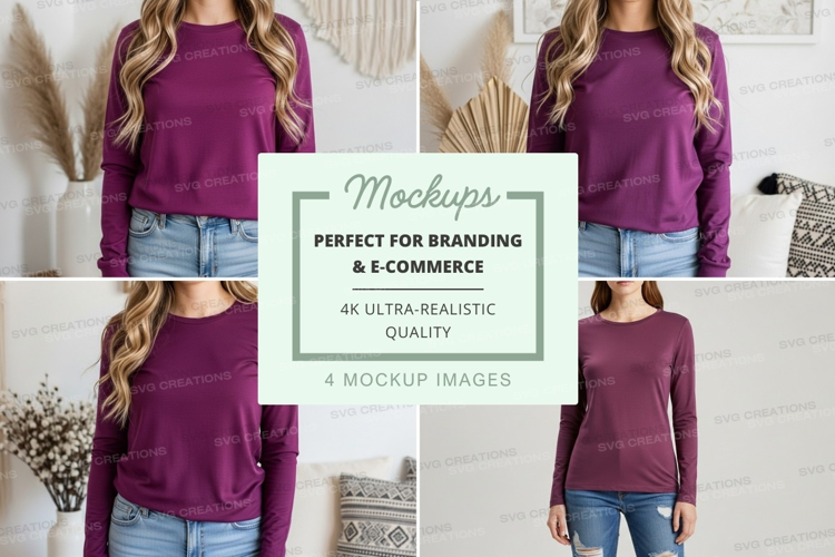 Long sleeve t-shirt mockup in burgundy