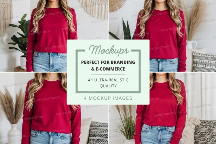 Red long sleeve crew neck t-shirt mockup example image 1