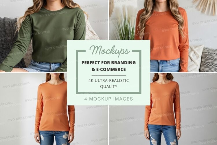 Long sleeve t-shirt mockup in olive green and burnt orange example image 1