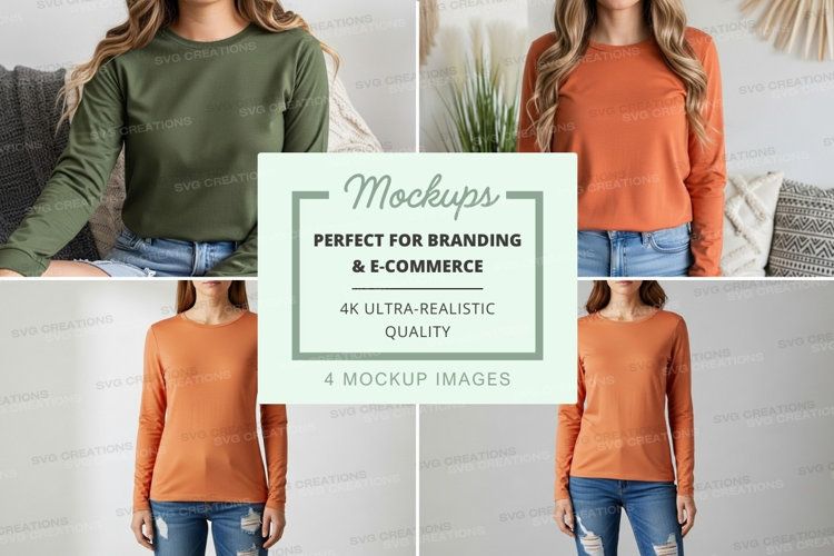 Long sleeve t-shirt mockup in olive green and burnt orange