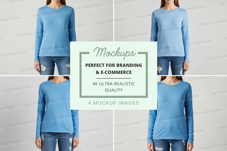 Long sleeve t-shirt mockup with crew neck in light blue