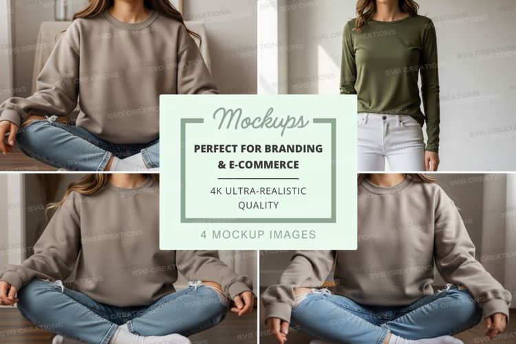 Long sleeve t-shirt mockup - crew neck, beige and olive gree